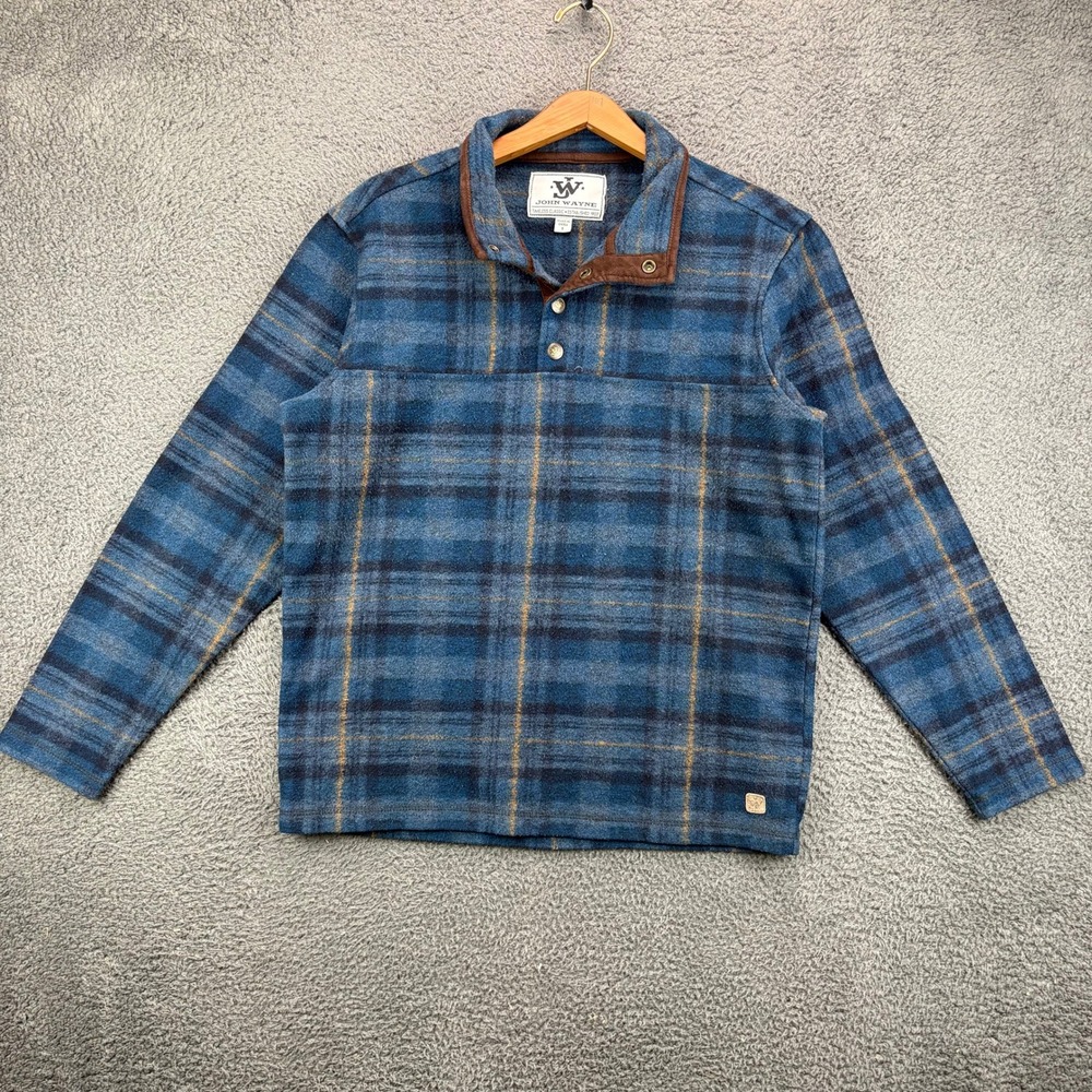 John Wayne Mens Blue Plaid‎ Fleece Quarter Snap Pullover Sweater Small 10665